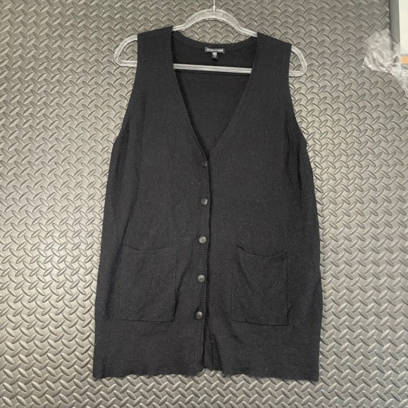 Eileen Fisher Black 100% Wool Sleeveless Button Up Cardigan Sweater Women Size M - Picture 1 of 7